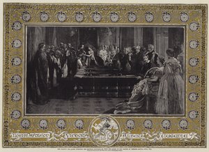 Őfelsége, a királynő III. Napóleon császárt a Harisnyakötő Renddel ruházza fel a windsori kastélyban, 1855. április alkotó: Edgar Melville Ward