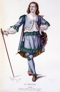Dorante karaktere a Le Menteur - Full Theatre című vígjátékban: (Corneille darabjainak gyűjteménye) Geffroy rajza, L. Wolff metszete - szerk. Laplace, Sanchez és Társa, Párizs 1884