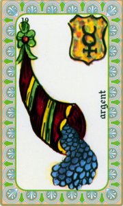 Tarot magától Belline rajzolta Edmond Billaudot c. 1845, és a tisztánlátó Belline-nek adták újra kiadásra: pénzkártya: érmék a bőségszarvban alkotó: Edmond Billaudot