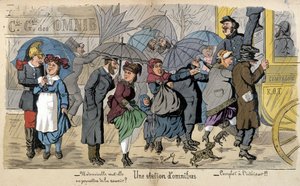 Omnibusz állomás az esőben – Lavrate humoros rajza, 1880 körül alkotó: Edmond Lavrate
