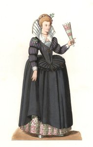 Francia nő III. Henrik király uralkodása alatt (1551-1589) – Litográfia Edmond Lechevallier-Chevignard (1825-1902) illusztrációja alapján, a „Costumes historiques des 16th” c. alkotó: Edmond Lechevallier Chevignard