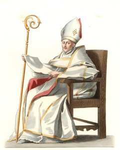 Spanyol Eveque 16. század, Bartolome Murillo (1617-1682) festménye alapján - Litográfia Edmond Lechevallier-Chevignard (1825-1902) illusztrációján, a „Costumes historiques des 16th” c. alkotó: Edmond Lechevallier Chevignard