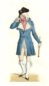 Fiatal francia férfi, aki a 18. századi hihetetlenek divatja szerint született, Carle Vernet (1758-1836) festménye nyomán - Litográfia Edmond Lechevallier-Chevignard (1825-1902) illusztrációjából, a „Costumes historiques des 16e” c. alkotó: Edmond Lechevallier Chevignard