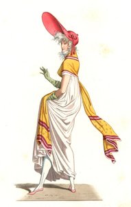 Fiatal francia nő a 18. századi csodák divatja szerint öltözve, Carle Vernet (1758-1836) festménye nyomán – Litográfia Edmond Lechevallier-Chevignard (1825-1902) illusztrációja után, a „Costumes historiques des 16th” c. alkotó: Edmond Lechevallier Chevignard