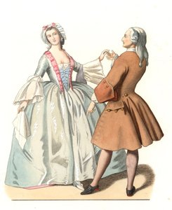 Táncmester és egy fiatal velencei, tánclecon Olaszországban, 18. század, Pietro Longhi (1701-1785) festménye alapján - Litográfia Edmond Lechevallier-Chevignard (1825-1902) illusztrációja alapján, kivonat „” Történelmi jelmezekből a 16 alkotó: Edmond Lechevallier Chevignard