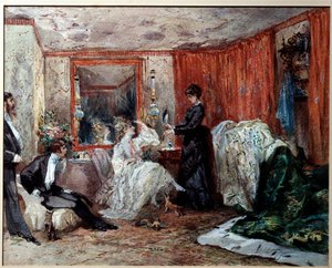 A színházi komikus, Hortense Schneider (1833-1920), Jacques Offenbach (1819-1890) szeretője a bal oldalon képviselteti magát a Theater des varetes öltözőjében. Edmond Morin (1824-1882) akvarellje 1873 Compiegne, Vármúzeum alkotó: Edmond Morin