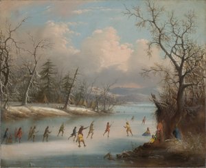 Az indiánok lacrosse-t játszanak a jégen, 1859 alkotó: Edmund C. Coates