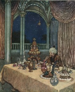 A szépség és a szörnyeteg: 1910 körül (litográfia): Belle apja megérkezik a kastélyba, és felfedez egy étellel teli asztalt, 1910 körül (litográfia). alkotó: Edmund Dulac
