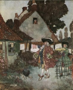Hamupipőke (Hamupipőke): a miniszter a királyság összes házikójában és házában keresi a lányt, aki elvesztette a papucsát 1910 körül (litográfia). alkotó: Edmund Dulac