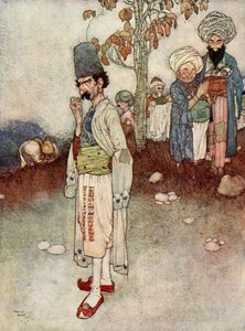 Céljának megfelelő álruhát öltött magára, illusztráció az "Ali Baba és a negyven tolvaj" című könyvből. alkotó: Edmund Dulac