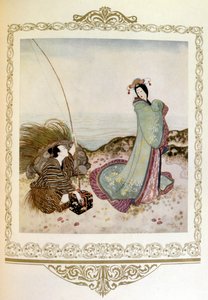 Illusztráció "férfi egy óriási teknőssel beszélget egy nővel. Japán", Dulac.