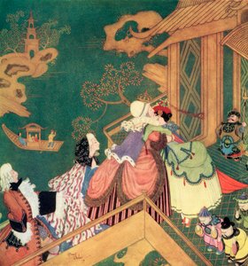 "Laideronnette megcsókolta és átölelte a jó Tündér Védőasszonyt", illusztrációA Zöld kígyó című francia meséből, Edmund Dulac Tündérkönyvéből: Fairy Tales of the Allied Nations, kiadó: 1916.