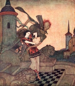 "A herceg kinézett, látta, hogy elragadja a királylányt, és gyorsan elrepül", illusztráció Edmund Dulac Tündérkönyvéből, A Bashtchelik története című szerb meséből: Fairy Tales of the Allied Nations, kiadó: 1916.