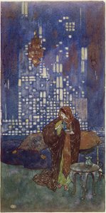 "A pohár bor, amelyet minden este ad neki, alvó csapolást tartalmaz", illusztráció az "Ébenfa-szigetek királyához". alkotó: Edmund Dulac