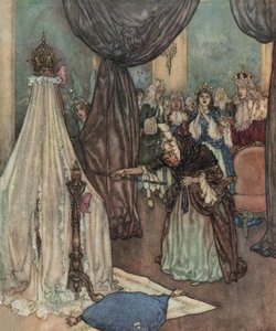 Csipkerózsika: egy vén honorárius a királylány bölcsője fölé hajol és átkozza, 1910 körül (litográfia)