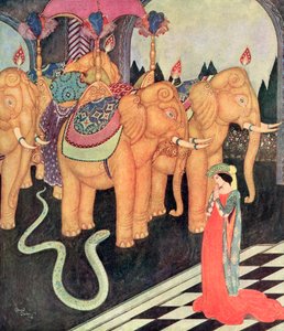 "Amikor Grannmia meglátta idegen szeretőjét, egyedül ő maradt nyugodt és bátor", illusztráció A kígyóherceg című olasz meséből, Edmund Dulac Tündérkönyvéből: Fairy Tales of the Allied Nations, kiadó: 1916.