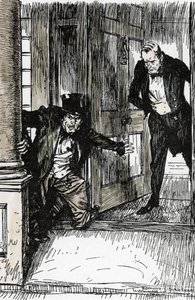 Dr. Lanyon kinyitja az ajtót, és felfedezi, hogy Mr. Hyde túl nagy ruhák vannak. Illusztráció: Edmund Joseph Sullivan (1869-1933) Robert Louis Stevenson (1850-1894) L