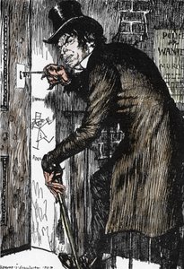 Mr. Hyde egy kalandokkal teli éjszaka után hazatér, hogy megszerezze az ellenszert, és újra felbukkanjon Dr. Jekyll, Illusztráció: Edmund Joseph Sullivan (1869-1933) a L