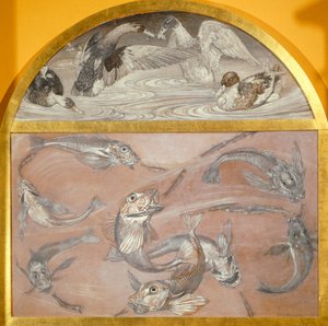 Diptichon halakkal és kacsákkal a tóban (tempera a kártyán,) alkotó: Edoardo Gioja