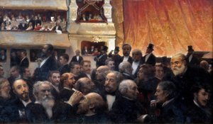 Szünet, premier a francia vígjátékban A nézők között: a fürdőkádban Henri Rochefort és Leon Gambetta, az avant-scene öltözőben a tetején Jules Ferry, d