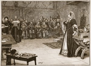 Mária skót királynő per a Fotheringhay kastélyban, illusztráció a „Cassell illusztrált angliai történelméből” (szépia fotó) alkotó: Edouard Berveiller