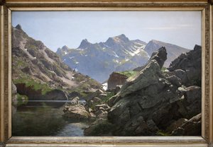 A merlat-tó, Edouard Brun (1860-1935) olajfestménye 1901-ben készült, a tó a Belledonne-láncban található az Isere-ben. Photophraphie, KIM Youngtae, Grenoble, Musee de Grenoble. alkotó: Edouard Brun