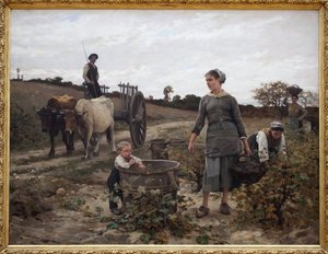 Szőlősarok; Languedoc. Vidéki jelenet egy szekéren ülő férfival, szőlőt szedő nőkkel és egy gyerekkel, aki a betakarított gyümölcsöt eszi. Edouard Debat Ponsan (1847-1913) festménye, Olaj, vászon alkotó: Edouard Debat Ponsan