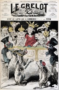 Elindult a nyúl! - Rajzfilm a francia-német konfliktusról, egy porosz sisakot viselő kutya elítéli a francia hadsereg sapkáját viselő nyulat, mielőtt egy bíróság elnököl Európa felett, és ragadozó madarakat és koronákat tartalmaz - Illusztráció: Edouard Pe