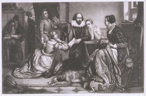 Shakespeare családjával, Stratfordban, a Tragédia Hamlet szavalása (pecsenyemetszet és rézkarc)