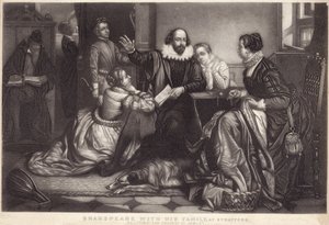 Shakespeare a családjával Stratford on Avonban, amint Hamlet tragédiáját szavalja