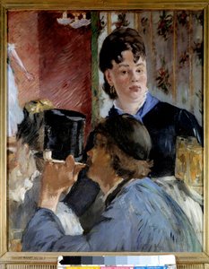 Egy fiatal nő sört szolgál fel elegáns és népszerű vendégeknek. Edouard Manet (1832-1883) festménye 1878 V. 0,77x0,65 m Párizs, Muse d