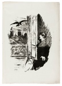Az ablaknál ("Nyisd ki, kidobtam a redőnyt..."), a Hollóból (Le Corbeau) alkotó: Édouard Manet
