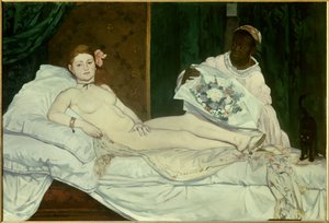 Olympia Fiatal nő meztelenül egy ágyon, fekete szobalánya virágcsokrot hozott neki. Edouard Manet (1832-1883) festménye 1863 V. 1,3x1,9 m Párizs, Muse d