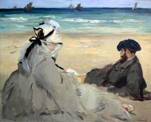 A tengerparton Suzanne Manet, a művész felesége és testvére, Eugene ábrázolása a Berck sur mer strandon (Berck-sur-Mer). Edouard Manet (1832-1883) festménye Ete 1873 V. 0,59x0,73 m Paris musee d