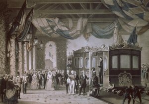 Viktória királynő (1819-1901) és Albert herceg (1819-61) megérkezik a hampshire-i Gosport állomásra, Bayot és Cuvilier metszet, 1846