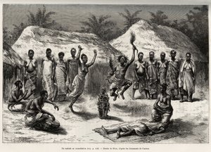 A páciens az agnival (vagy anyival, Elefántcsontparton) egyeztetve táncol a varázslóorvos, miután fetiche-t helyez a beteg elé. Riou metszet, Louis Gu kapitány „"Nigertől a Guineai-öbölig" című történetének illusztrálására alkotó: Edouard Riou