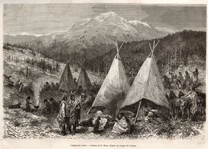 Egy indián tábor Utah területén, a Riviere Verte partján. Metszet E.Riou rajza után, William Hepworth Dixon La conquete blanche című történetének illusztrálására, 1875-ben, megjelent a „Le tour du monde”” 1876-ban, szerkesztette Edouard Charto alkotó: Edouard Riou