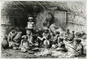 Egy délután a Gobronok sejkjének kedvencénél, női foglalkozások: hímzés és gyapjúfonás, fonás és fazekasság. Riou metszete a „Voyage chez les Benadir, les somalis et les Bayoun” történet illusztrálására, 1882-1883, Georges Rev. alkotó: Edouard Riou