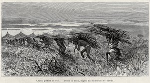 Foglyok, akik fát cipelnek a bokorban. Riou metszete a „Nigertől a Guineai-öbölig” című történet illusztrálására, Louis Gustave Binger kapitány (1856-1936) 1887-1889-ben, a Le tour du monde-ban, az új folyóiratban, irányítása alatt Edouar alkotó: Edouard Riou