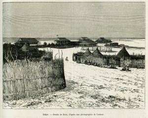 Dakar. Riou metszete a Voyage a la Plata című történet illusztrálására, Emile Blaireaux három hónapos vakációja 1886-ban, a tour du monde 1887-ben, Edouard Charton (1807-1890) irányítása alatt, Hachette, Párizs. alkotó: Edouard Riou