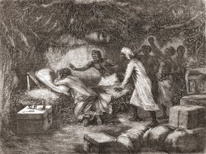 Dr. Livingstone halála Tchitammbo faluban, Afrikában, 1873-ban, illusztráció a "The World in the Hands", 1878-ban megjelent alkotó: Edouard Riou