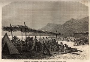 Élelmiszerosztás Keauhouban az 1868-as földrengés és vulkánkitörés után a katasztrófa áldozatainak, metszet E.Riou rajza után, amely az 1855-1869-es Sandwich-szigeteki utazást illusztrálja, C. de Varigny megjelent a „” Le alkotó: Edouard Riou