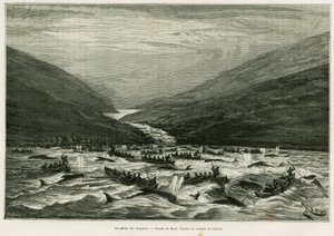 Delfin horgászat. Riou metszete a történet illusztrálására: Egy hónap a Feröer-szigetvilágban (Feröer, Feröer, Dánia), H.Labonne, in le tour du monde 1887, rendezte: Edouard Charton (1807-1890), Hachette, Párizs. alkotó: Edouard Riou