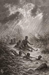 Dr. David Livingstone-t hordárok vitték át a mocsáron 1872-es afrikai expedíciója során. Illusztráció a "The World in the Hands"-ből, Charles Laplante metszetében alkotó: Edouard Riou