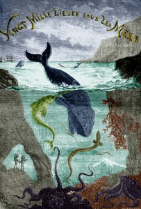 Jules Verne: 20 000 mérföld a tenger alatt (1870) című regényének címlapképe, metszet, színezett dokumentum. alkotó: Edouard Riou