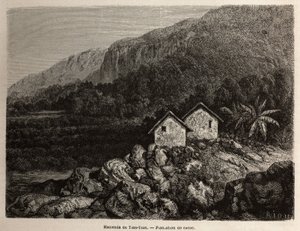 Hacienda, Tian Tian, Peru és kakaóültetvény, Riou rajza, Paul Marcoy 1848-tól 1860-ig tartó dél-amerikai utazásának illusztrálására. Metszet a „Le tour du monde”-ban, szerkesztette Edouard Charton alkotó: Edouard Riou