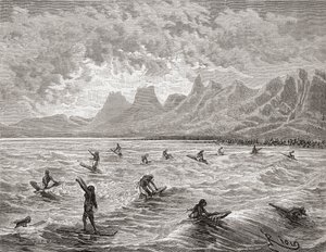 Hawaii szörfözés, illusztráció a „The World in the Hands”-ből, Charles Barbant (megh. 1922) metszete, 1878-ban megjelent (metszet)