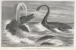 "Az Ichthyosaurus és a Plesiosaurus lias ideális jelenete" alkotó: Edouard Riou