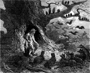 Illusztráció Alexandre Dumas „Le leader de loups” című regényéhez: Thibault egy pokoli kör középpontjának tűnt, XIX. alkotó: Edouard Riou