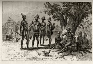 Lerában (vagy Derában, Nigerben) a Mandes típusai. Riou metszete Louis Gustave Binger kapitány (1856-1936) „"Nigertől a Guineai-öbölig" című történetének illusztrálására, 1887-1889-ben a Le tour du monde-ban, az új folyóiratban des voyages, irányítása alat alkotó: Edouard Riou